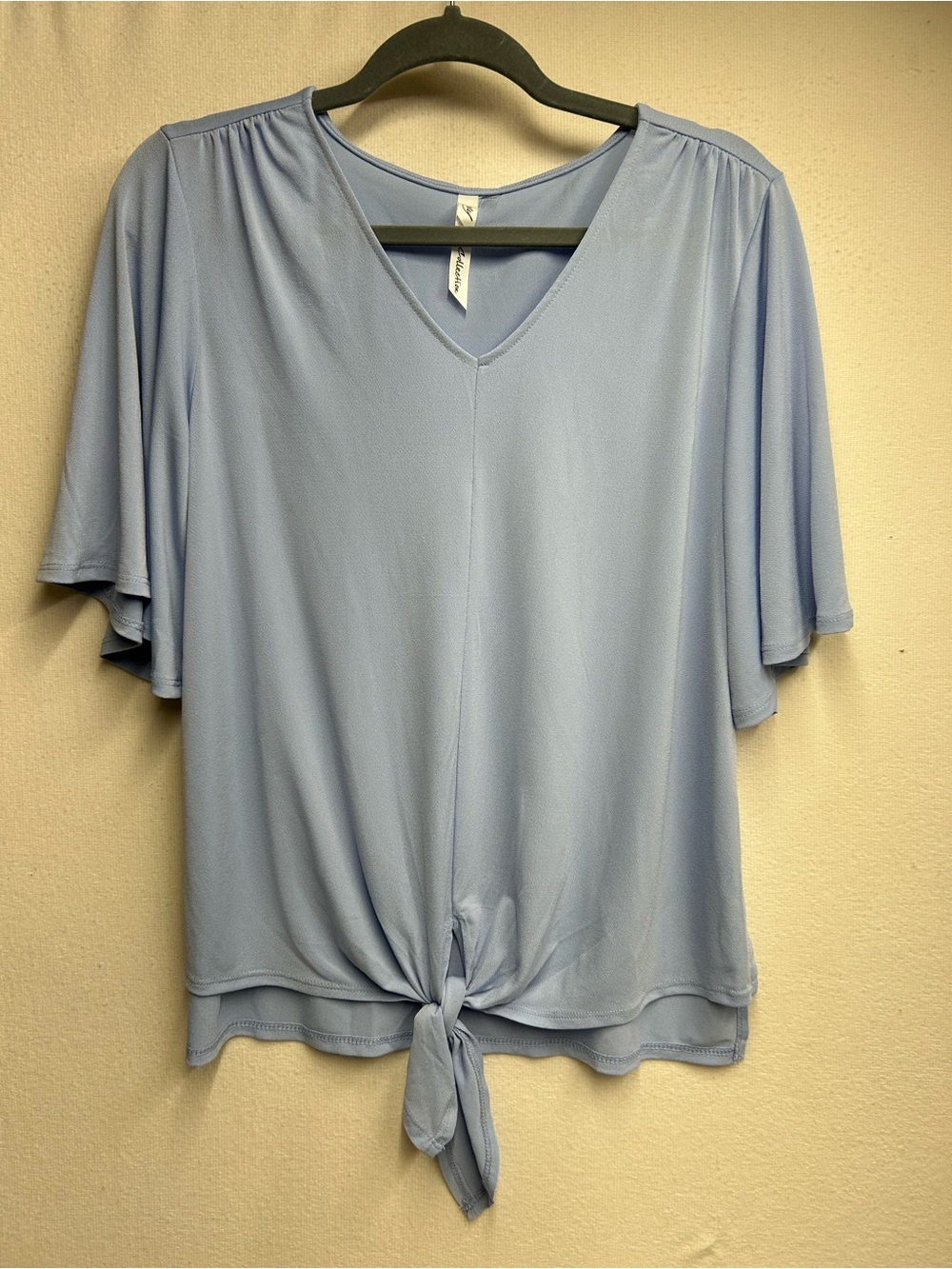 NY Collection Light Blue V-Neck Tie-Front Blouse